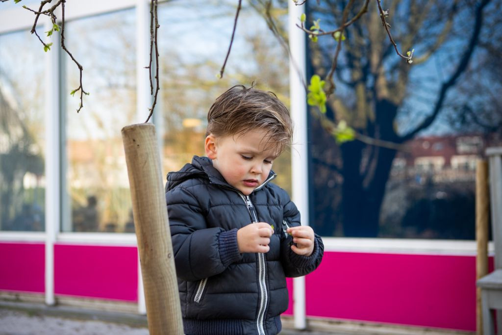 kind kijkt aandachtig naar blaadje in hand