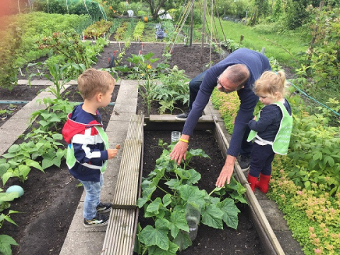 tuinman laat moestuin zien aan twee peuters